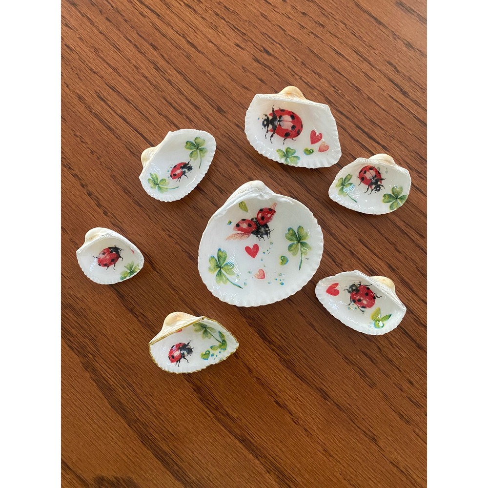 Ladybug Four Leaf Clover Decoupaged Seashell Trinket Dish Set 7pc Luck Decor